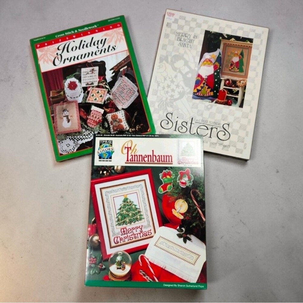 Lot of 3 Vintage Christmas Cross Stitch Pattern Booklets Santa Ornaments Holiday